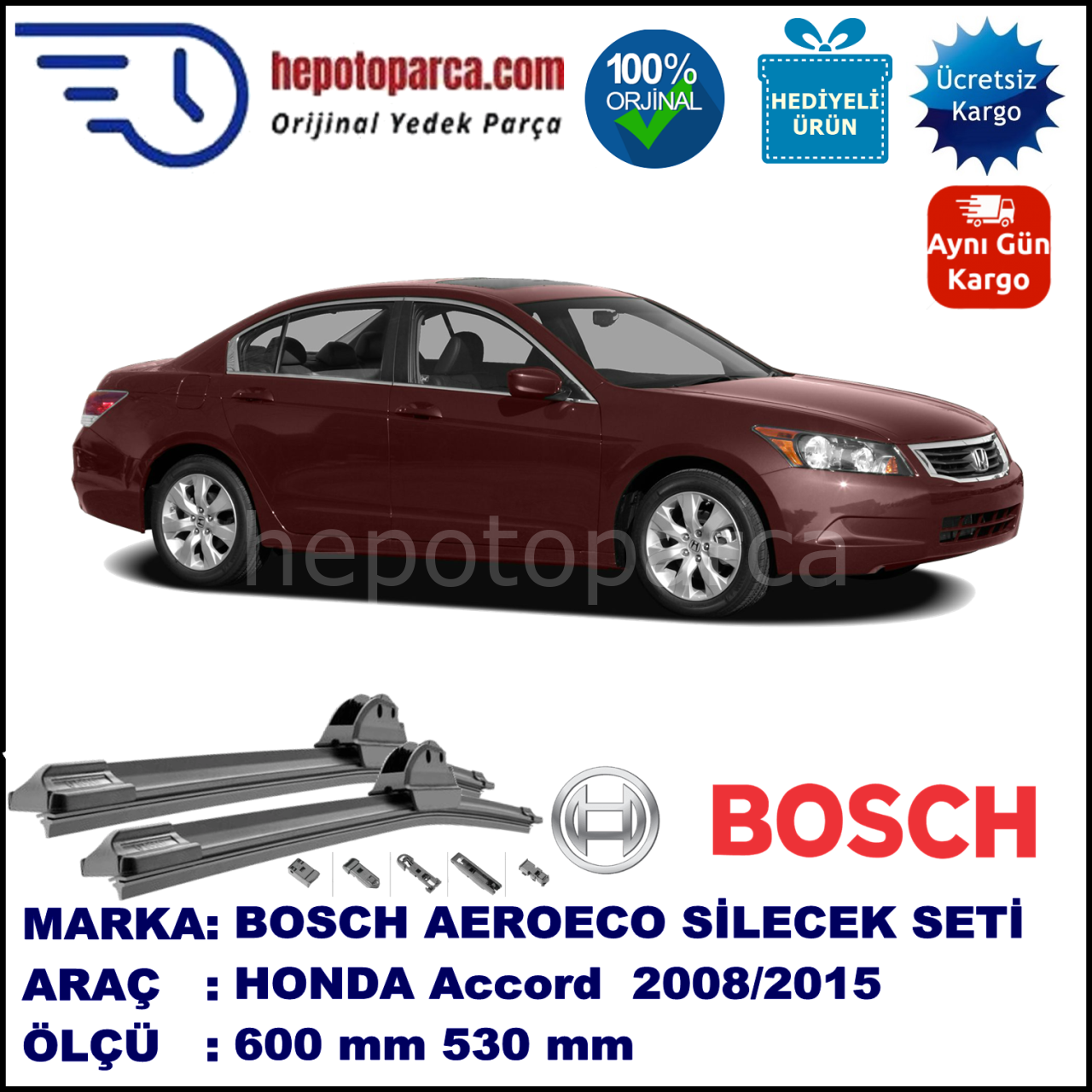 HONDA Accord  [CU/CW] 07.2008-..., 600 / 530 mm. BOSCH AEROECO Aparatlı Muz Silecek
