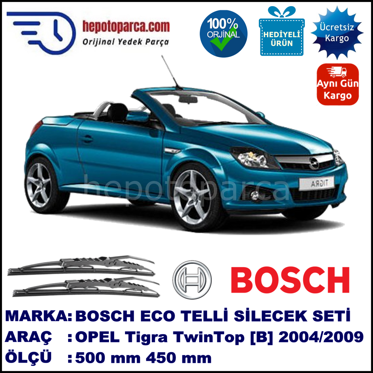 OPEL Tigra TwinTop [B] 06.04-12.09 500 / 450 mm. BOSCH ECO Telli Silecek 2'li Takım