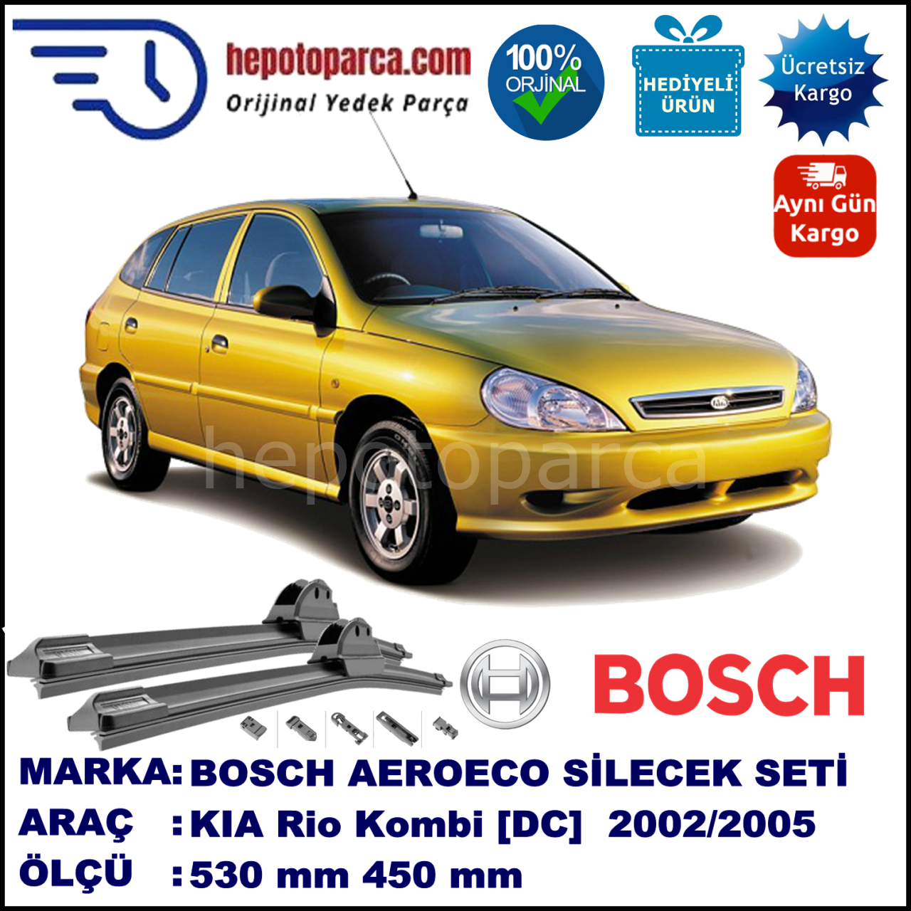 KIA Rio Kombi [DC] 09.2002-02.2005, 530 / 450 mm. BOSCH AEROECO Aparatlı Muz Silecek
