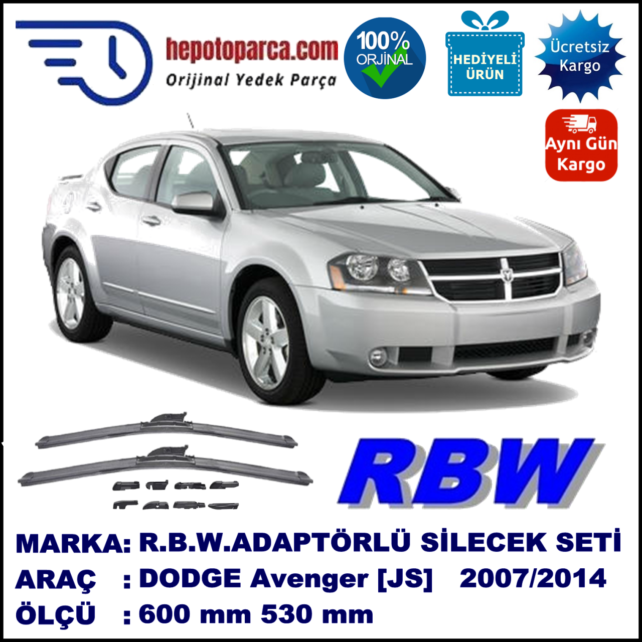 DODGE Avenger [JS] 09.2007-..., 600 / 530 mm.  RBW  ADAPTÖRLÜ MUZ SİLECEK SETİ