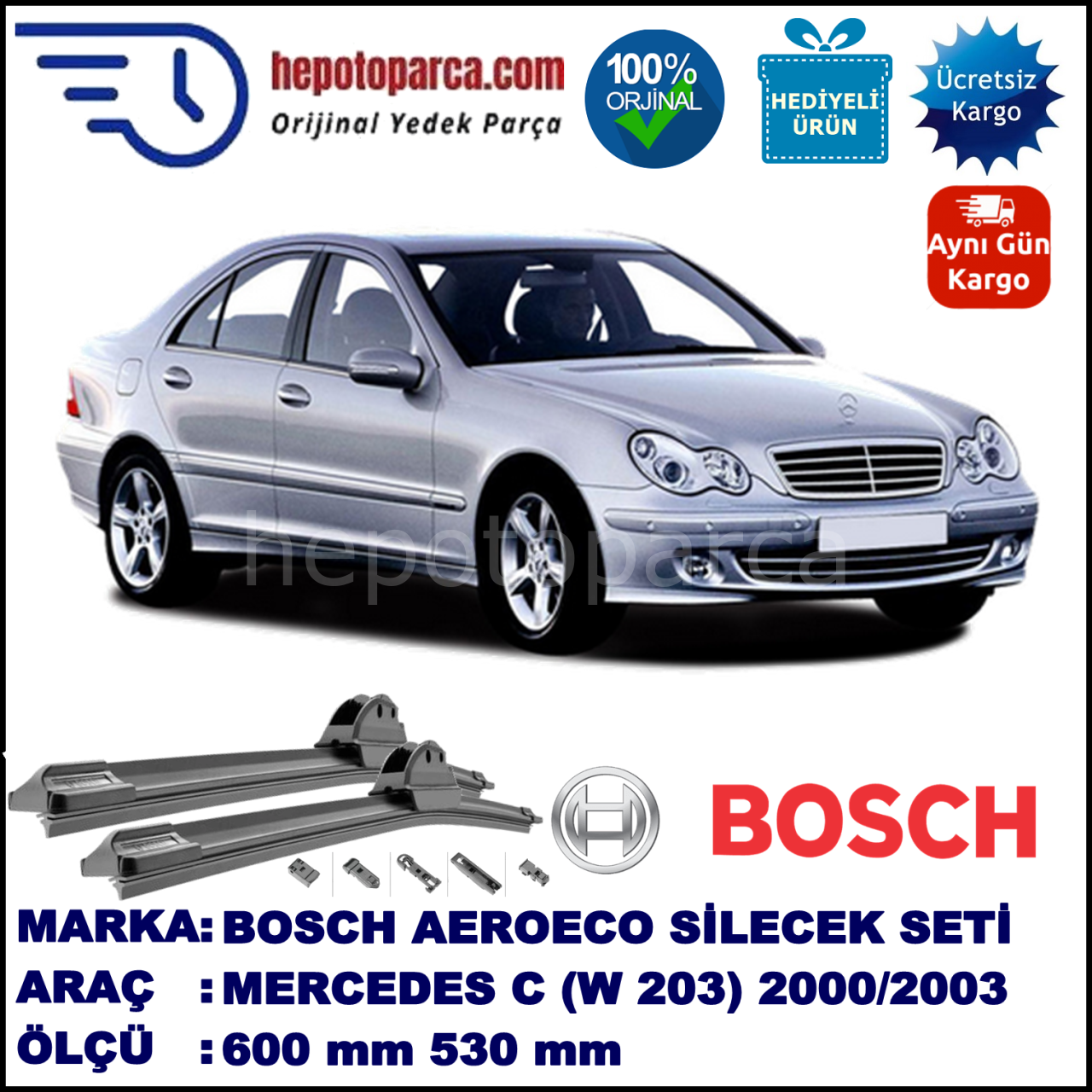 MERCEDES-BENZ Serie C [203] 05.2000-06.2003, 600 / 530 mm. BOSCH AEROECO Aparatlı Muz Silecek