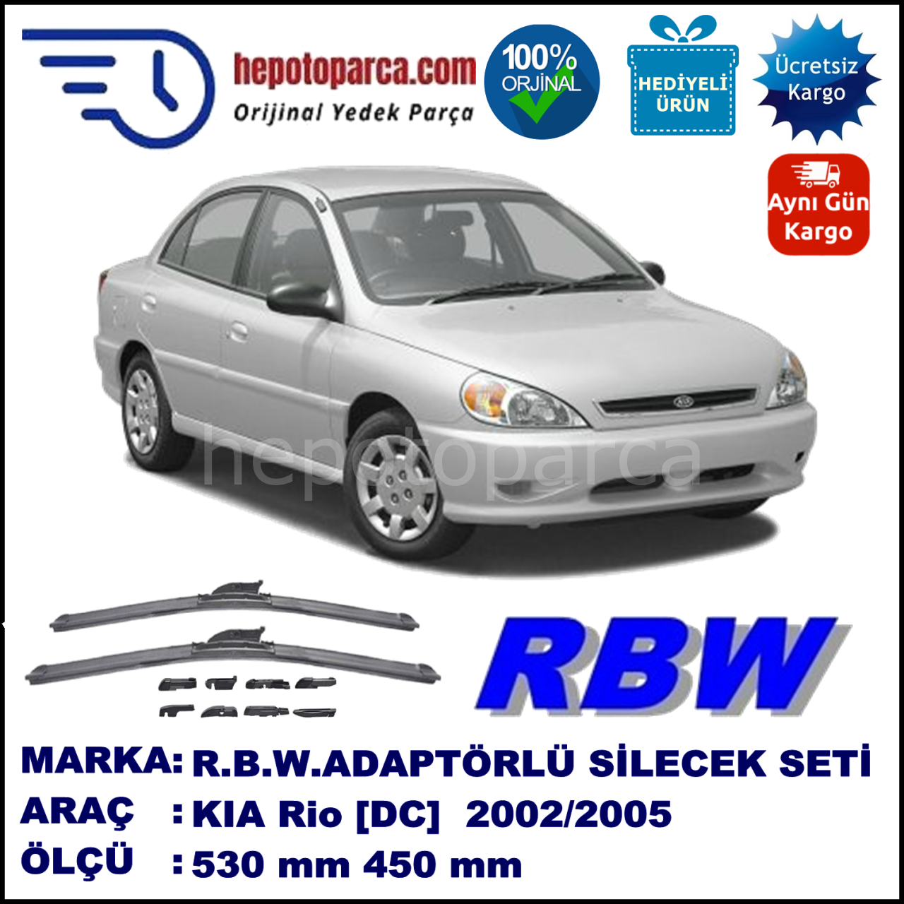 KIA Rio [DC] 07.2000-02.2005, 530 / 450 mm.  RBW  ADAPTÖRLÜ MUZ SİLECEK SETİ