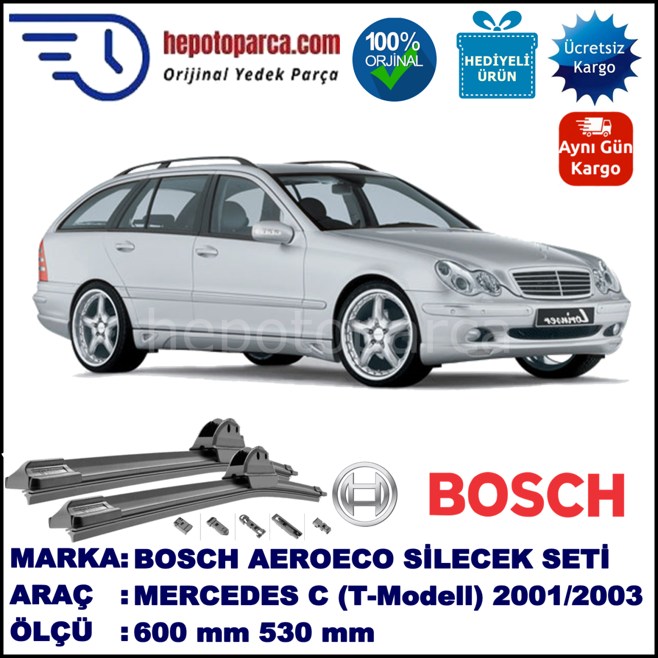 MERCEDES-BENZ Serie C (T-Modell) [203] 01.2001-06.2003, 600 / 530 mm. BOSCH AEROECO Aparatlı Muz Silecek
