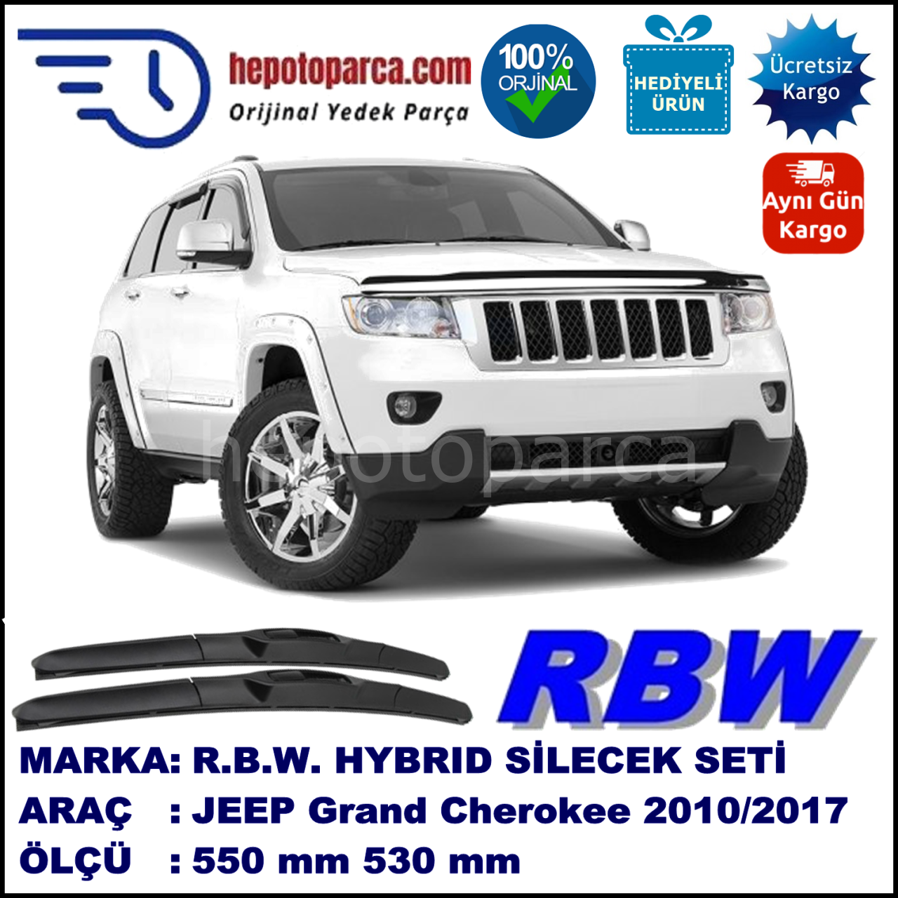 JEEP Grand Cherokee [WK2] 10.10-... 550 / 530 mm. RBW Hybrid Silecek Seti. U Kanca Uyumlu Hibrit