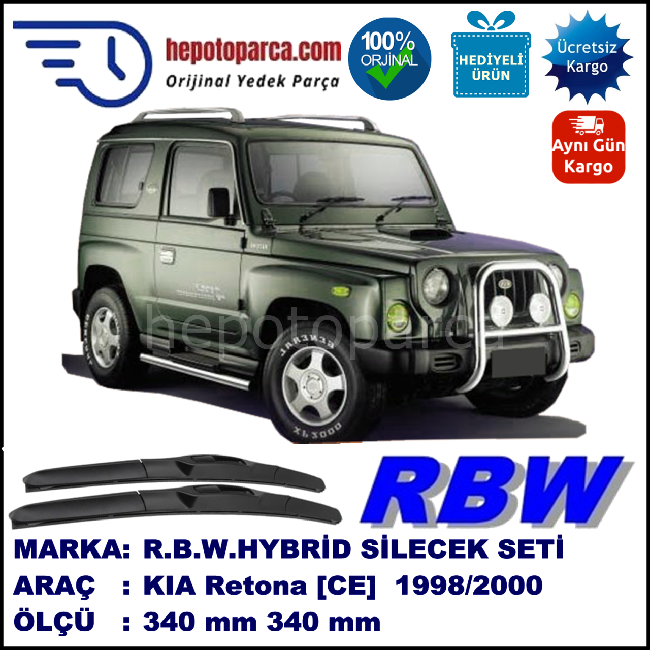 KIA Retona [CE] 04.98-12.00 340 / 340 mm. RBW Hybrid Silecek Seti. U Kanca Uyumlu Hibrit