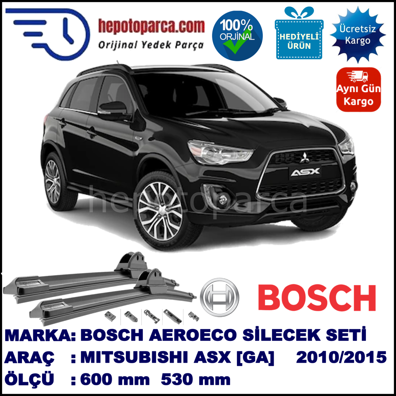MITSUBISHI ASX [GA] 04.2010-..., 600 / 530 mm. BOSCH AEROECO Aparatlı Muz Silecek