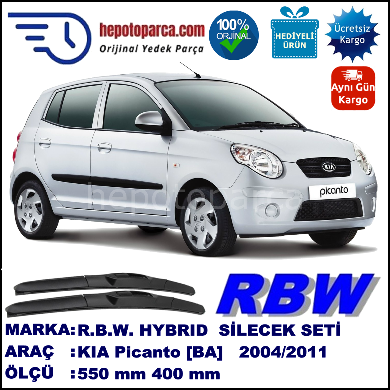 KIA Picanto [BA] 05.04-01.11 550 / 400 mm. RBW Hybrid Silecek Seti. U Kanca Uyumlu Hibrit