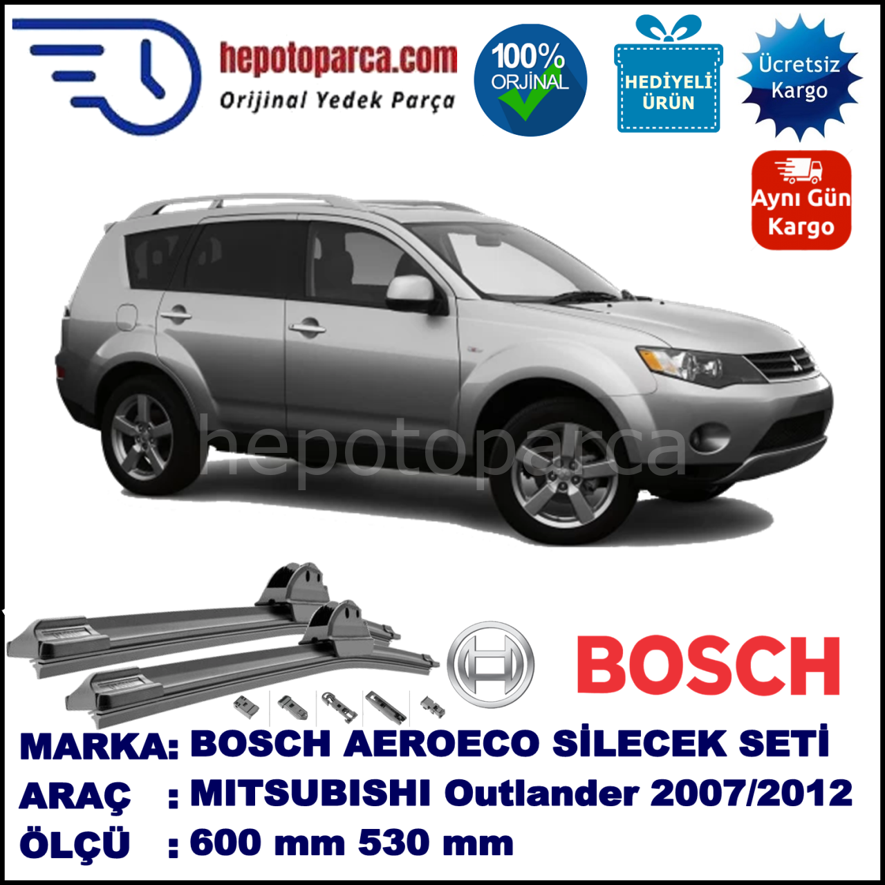MITSUBISHI Outlander [CW] 02.2007-..., 600 / 530 mm. BOSCH AEROECO Aparatlı Muz Silecek