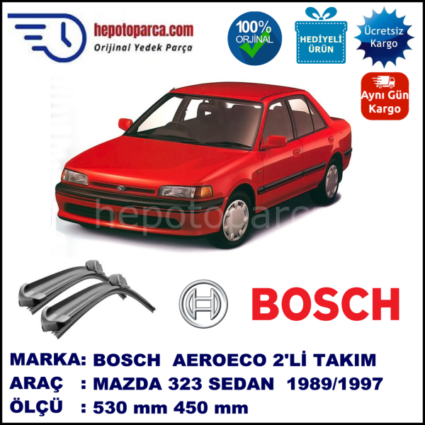 MAZDA 323 Sedan [BG] 06.1989-02.1997, 530 / 450 mm. BOSCH AEROECO Aparatlı Muz Silecek