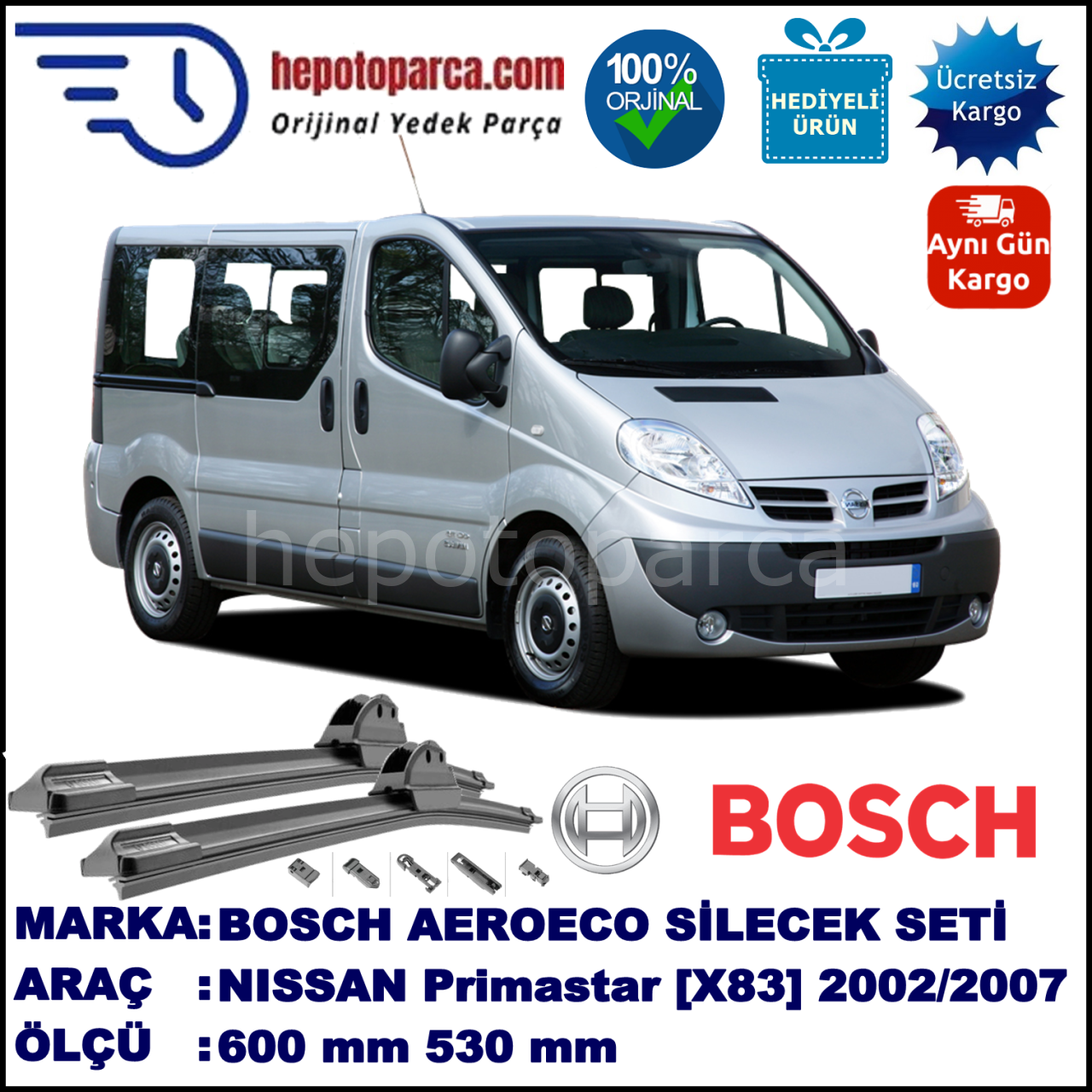 NISSAN Primastar [X83] 07.2002-..., 600 / 530 mm. BOSCH AEROECO Aparatlı Muz Silecek