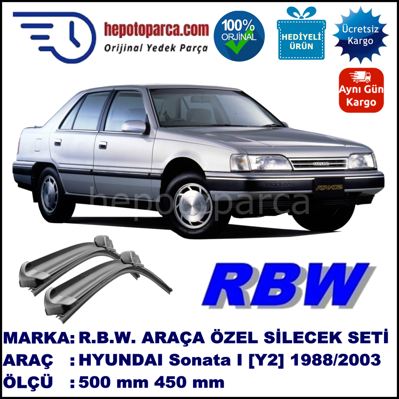 HYUNDAI Sonata I [Y2] 06.88-06.93 500 / 450 mm. RBW Muz Silecek Seti  2'li Takım. U Kanca Uyumludur.