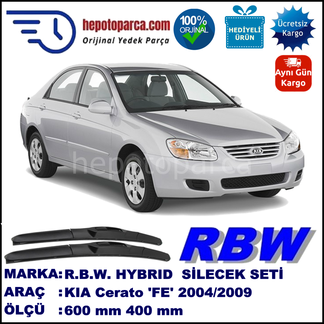 KIA Cerato  [FE] 03.04-11.09 600 / 400 mm. RBW Hybrid Silecek Seti. U Kanca Uyumlu Hibrit