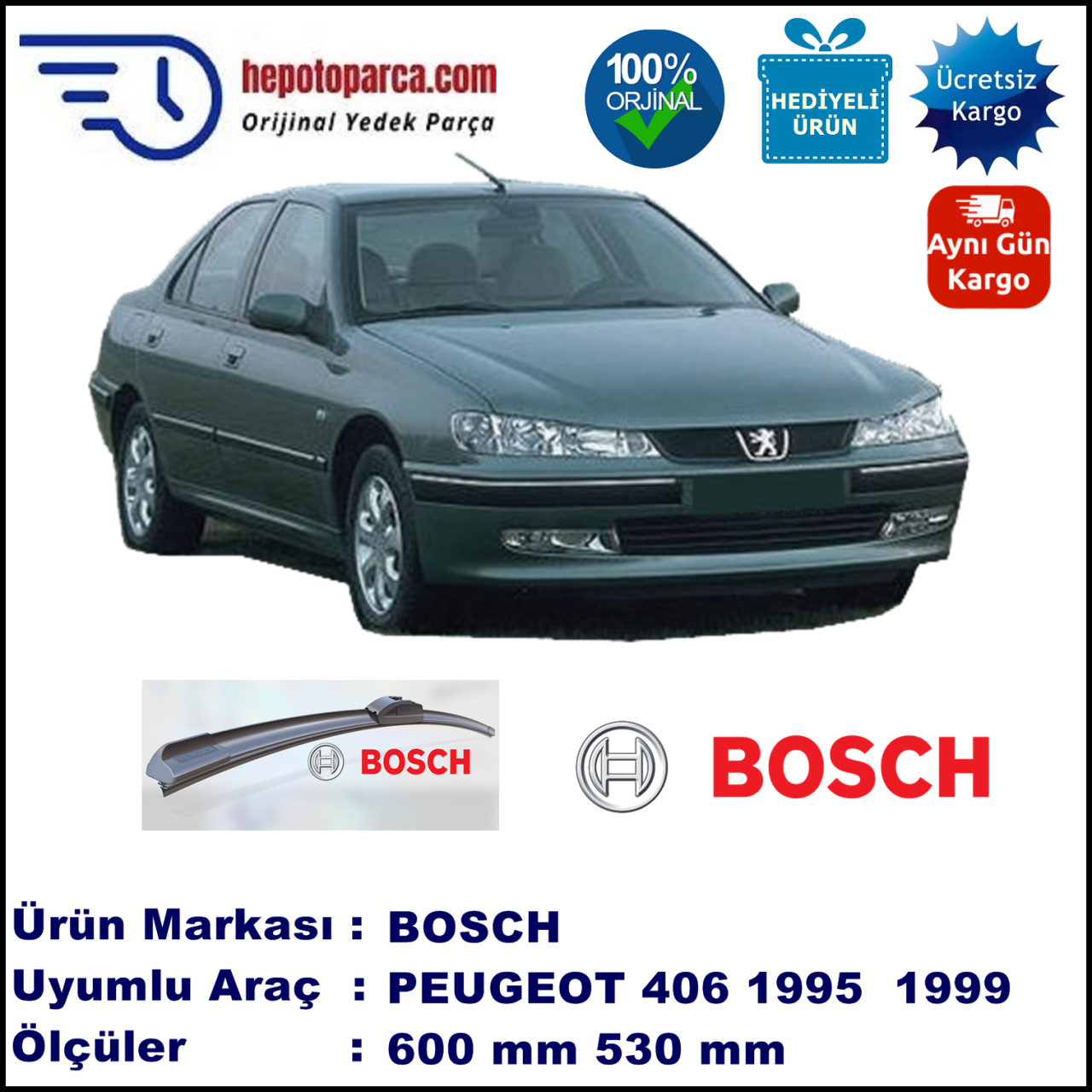 PEUGEOT 406 [D8] 10.1995-03.1999, 600 / 530 mm. BOSCH AEROECO Aparatlı Muz Silecek