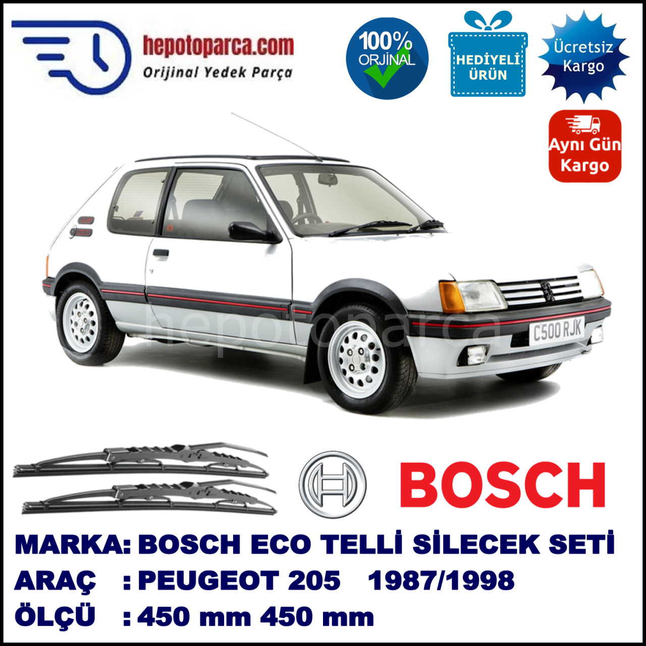 PEUGEOT 205  10.87-09.98 450 / 450 mm. BOSCH ECO Telli Silecek 2'li Takım