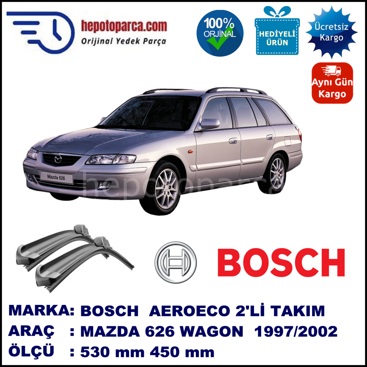 MAZDA 626 Wagon [GW] 10.1997-04.2002, 530 / 450 mm. BOSCH AEROECO Aparatlı Muz Silecek