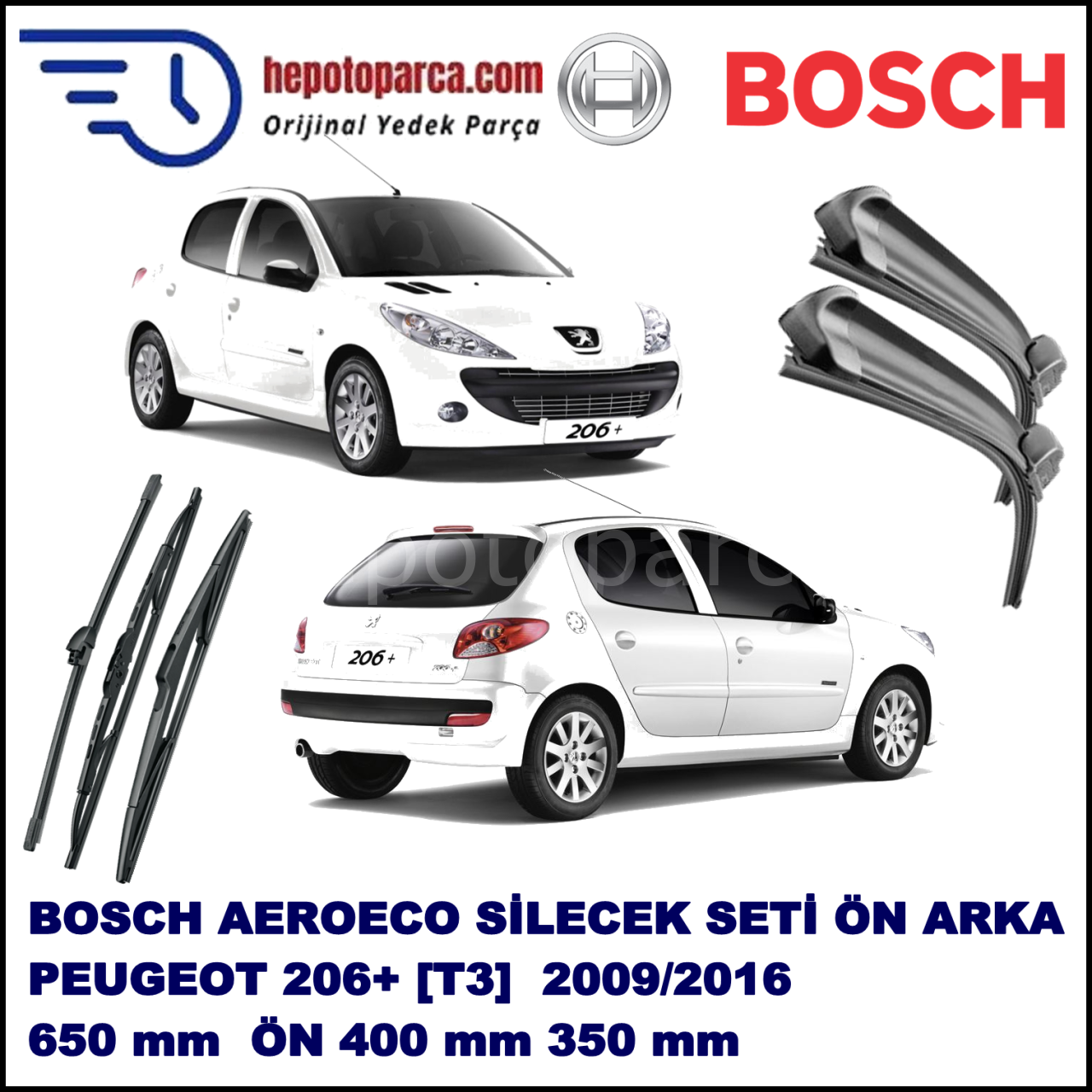 PEUGEOT 206+ [T3] 03,2009-,,, Bosch Aeroeco Ön ve Arka Silecek Takımı