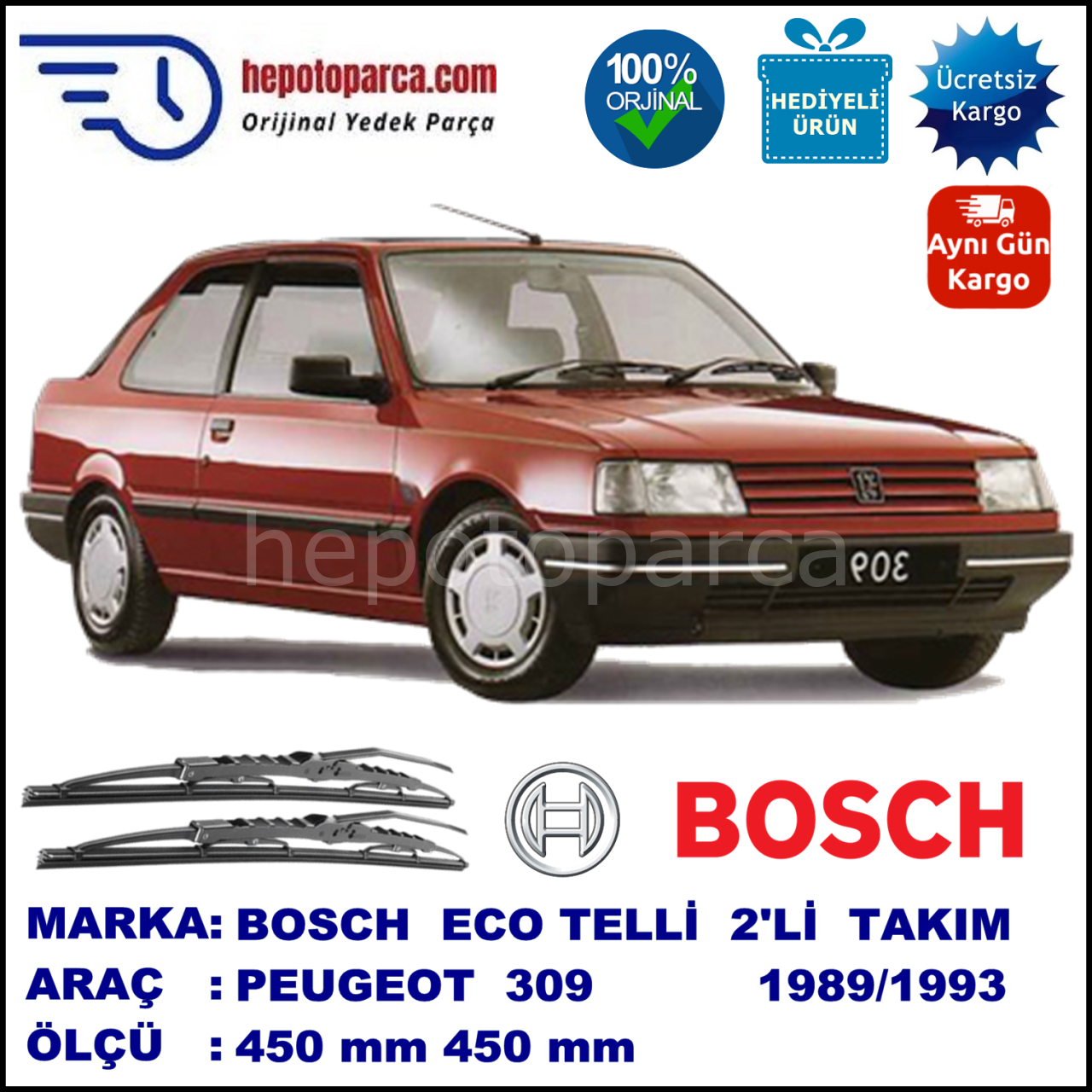 PEUGEOT 309  10.89-12.93 450 / 450 mm. BOSCH ECO Telli Silecek 2'li Takım