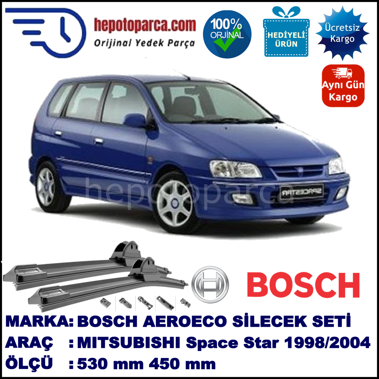 MITSUBISHI Space Star [DG] 06.1998-12.2004, 530 / 450 mm. BOSCH AEROECO Aparatlı Muz Silecek