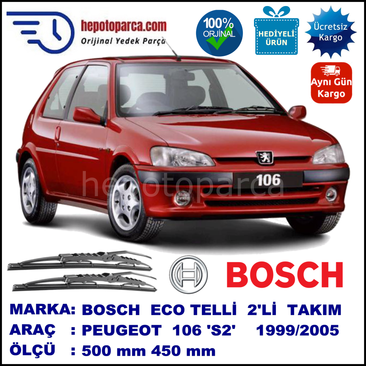 PEUGEOT 106 [S2] 10.99-05.05 500 / 450 mm. BOSCH ECO Telli Silecek 2'li Takım