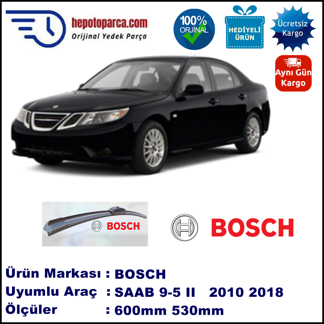 SAAB 9-5 II  03.2010-..., 600 / 530 mm. BOSCH AEROECO Aparatlı Muz Silecek
