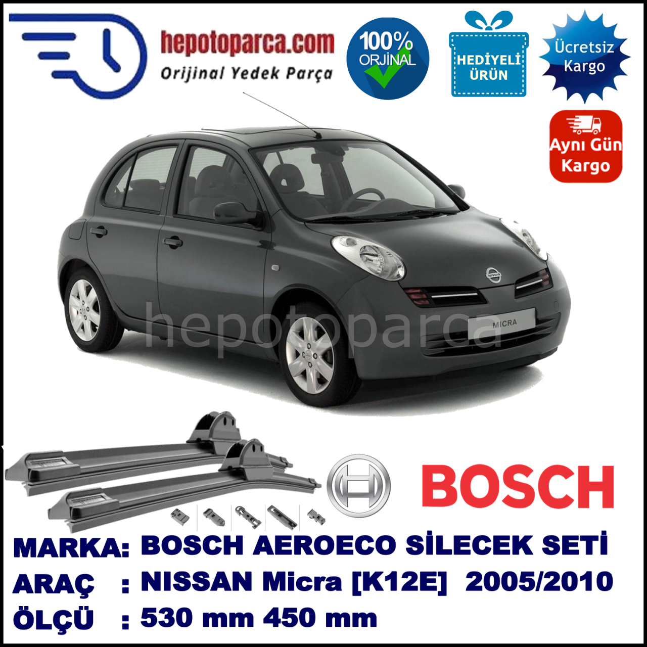 NISSAN Micra CC [K12E] 09.2005-10.2010, 530 / 450 mm. BOSCH AEROECO Aparatlı Muz Silecek