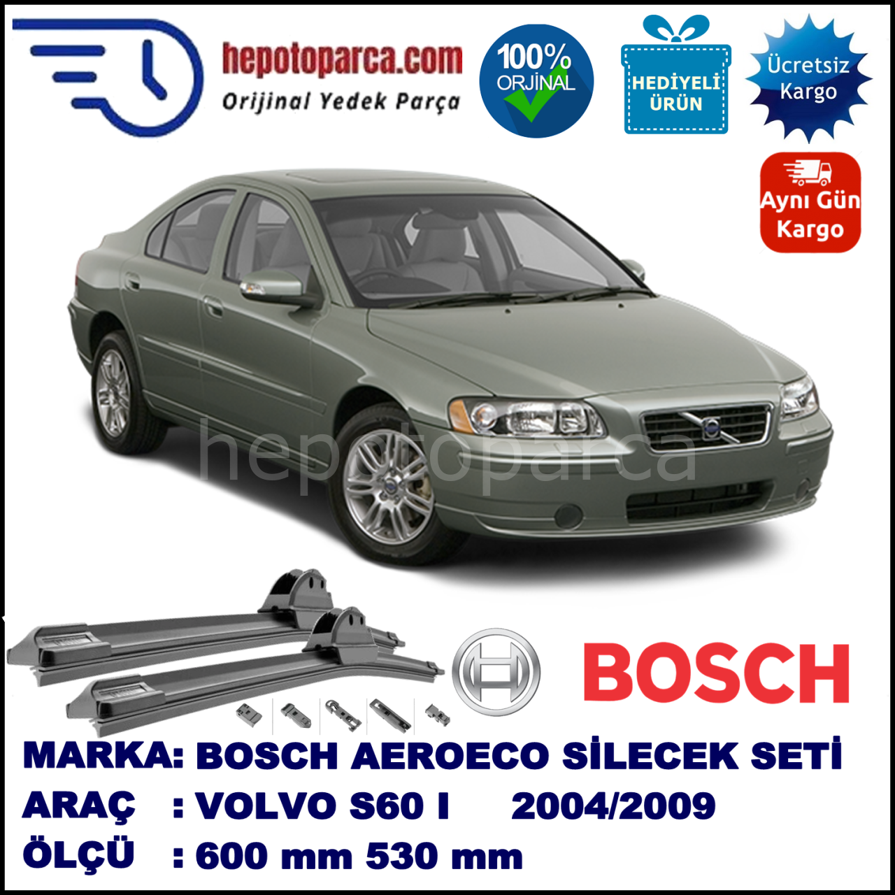VOLVO S60 I  08.2004-07.2009, 600 / 530 mm. BOSCH AEROECO Aparatlı Muz Silecek