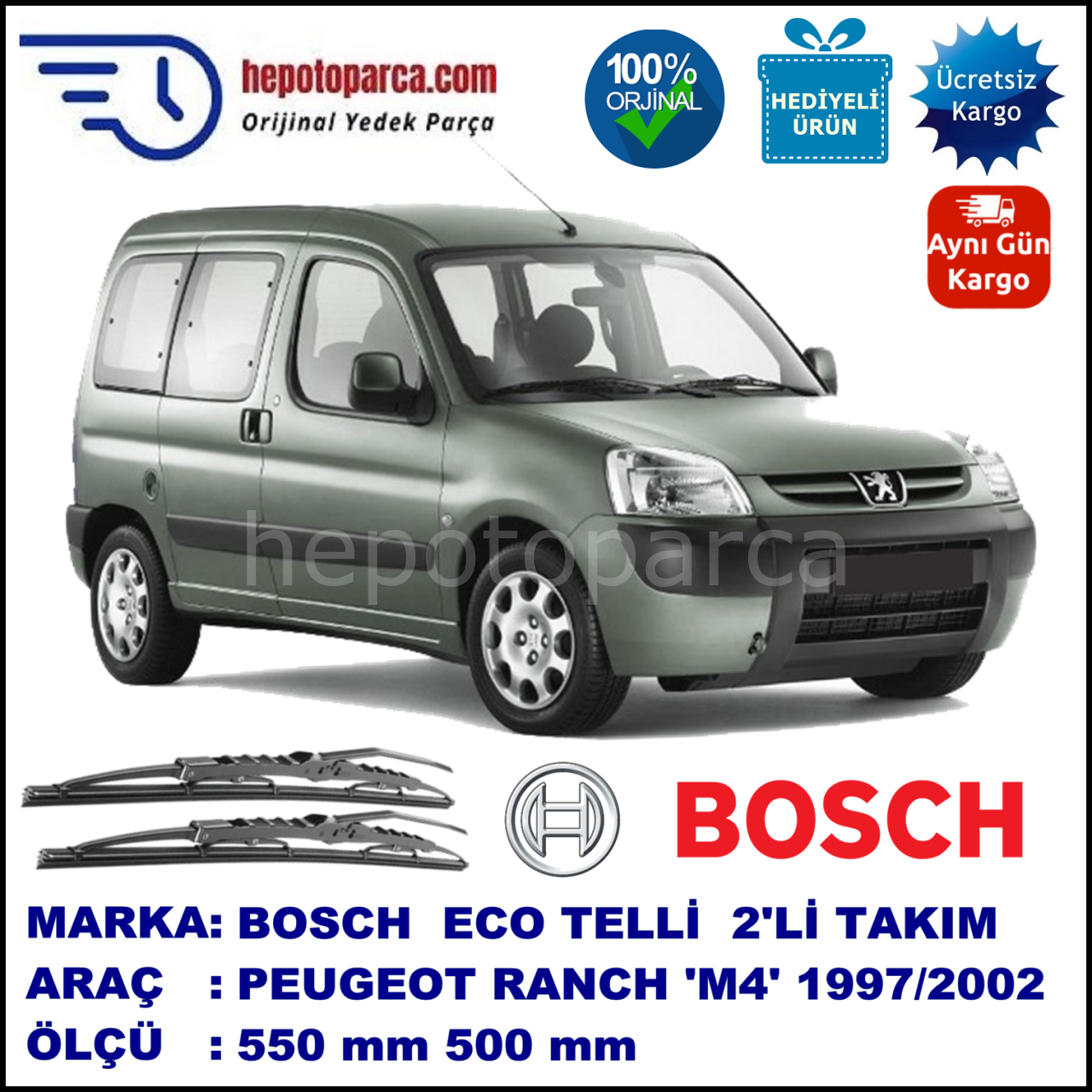 PEUGEOT Ranch [M4] 07.97-08.02 550 / 550 mm. BOSCH ECO Telli Silecek 2'li Takım