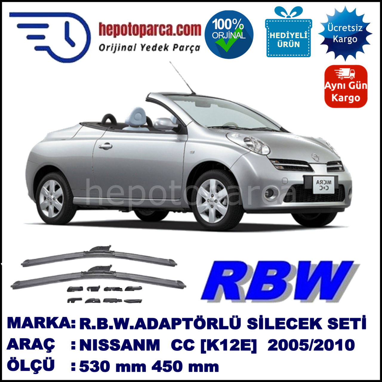 NISSAN Micra CC [K12E] 09.2005-10.2010, 530 / 450 mm.  RBW  ADAPTÖRLÜ MUZ SİLECEK SETİ