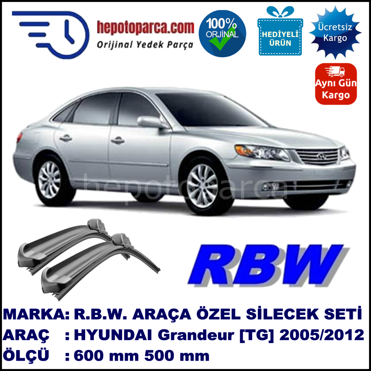 HYUNDAI Grandeur [TG] 07.05-... 600 / 500 mm. RBW Muz Silecek Seti  2'li Takım. U Kanca Uyumludur.