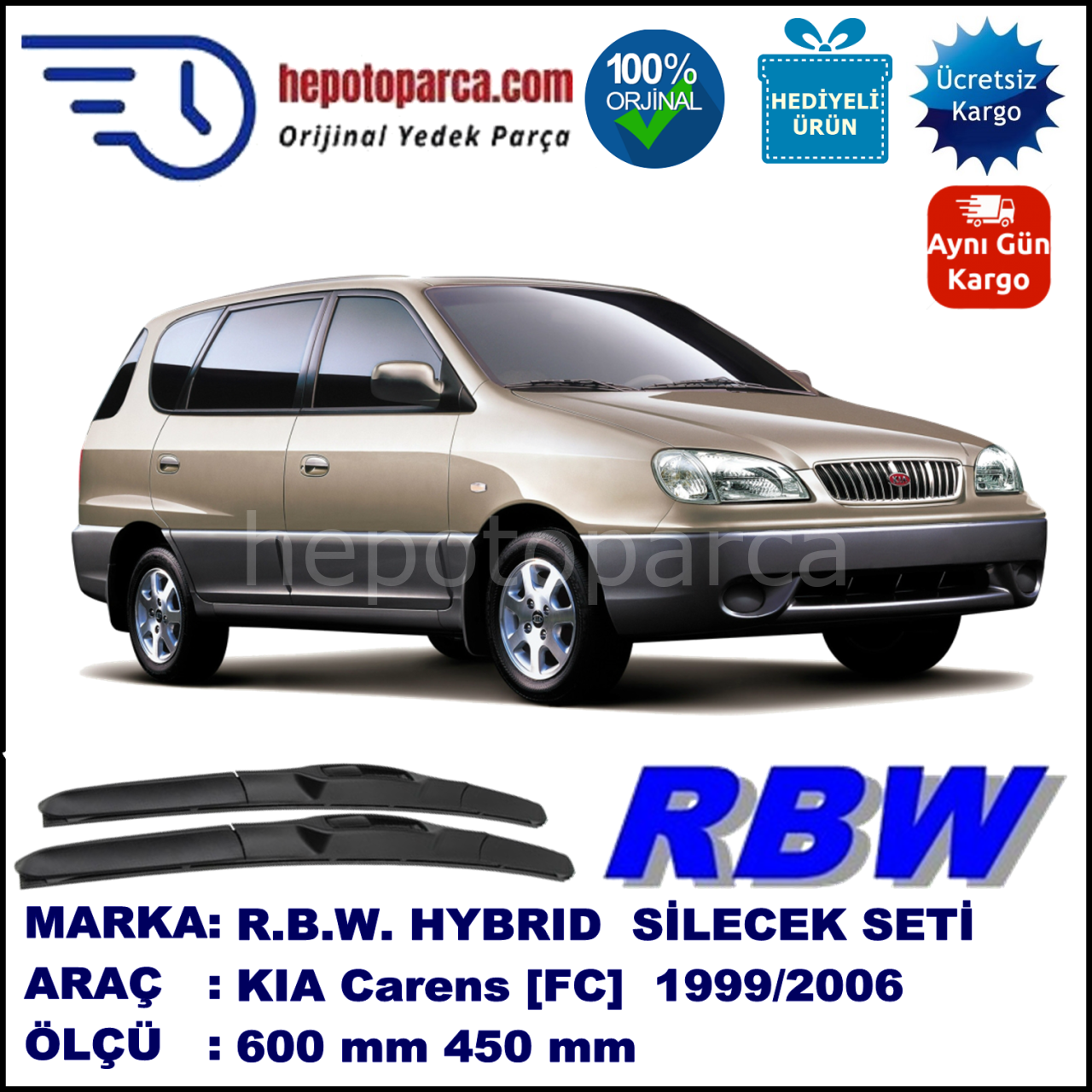 KIA Carens [FC] 04.99-12.06 600 / 450 mm. RBW Hybrid Silecek Seti. U Kanca Uyumlu Hibrit