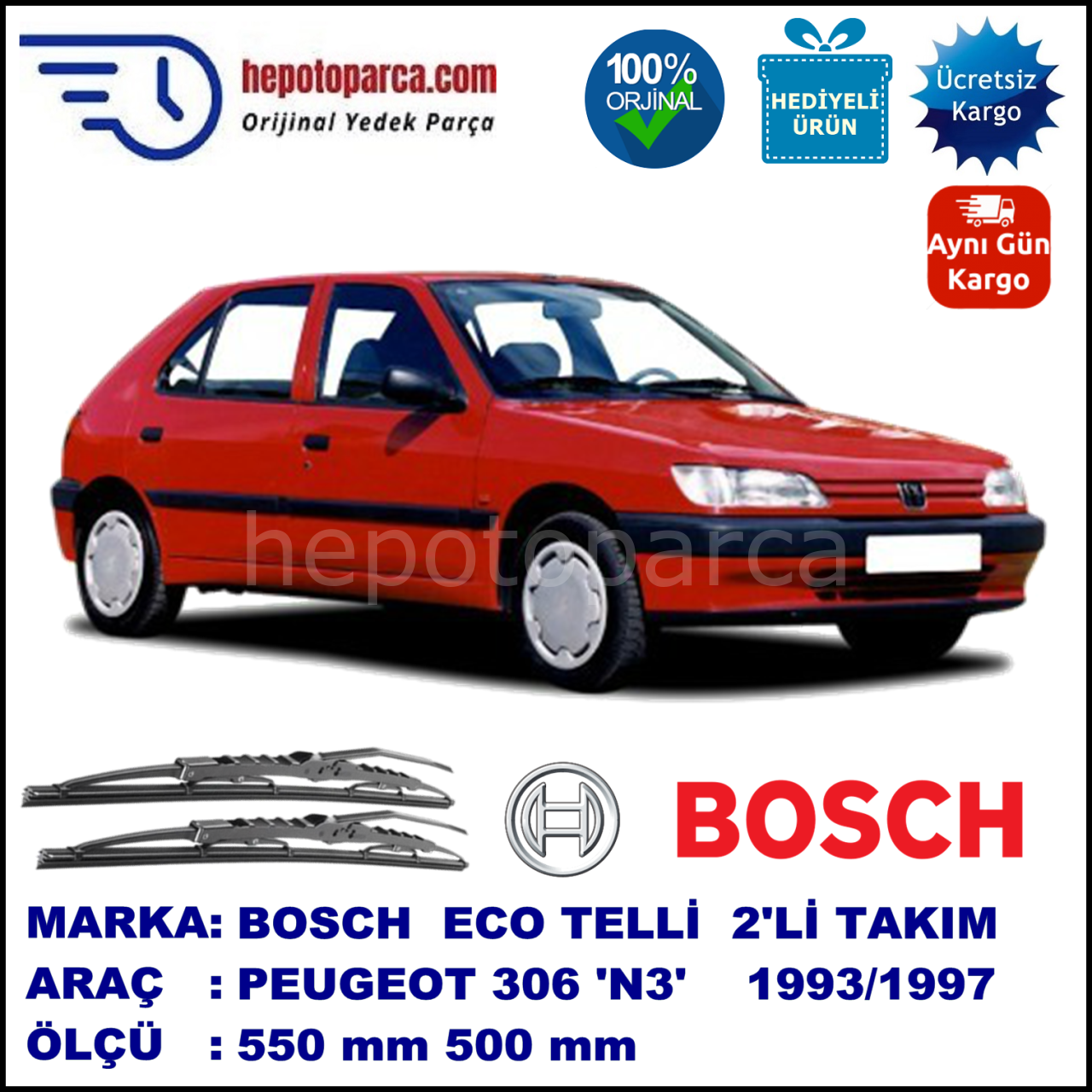 PEUGEOT 306 [N3] 01.93-04.97 550 / 500 mm. BOSCH ECO Telli Silecek 2'li Takım