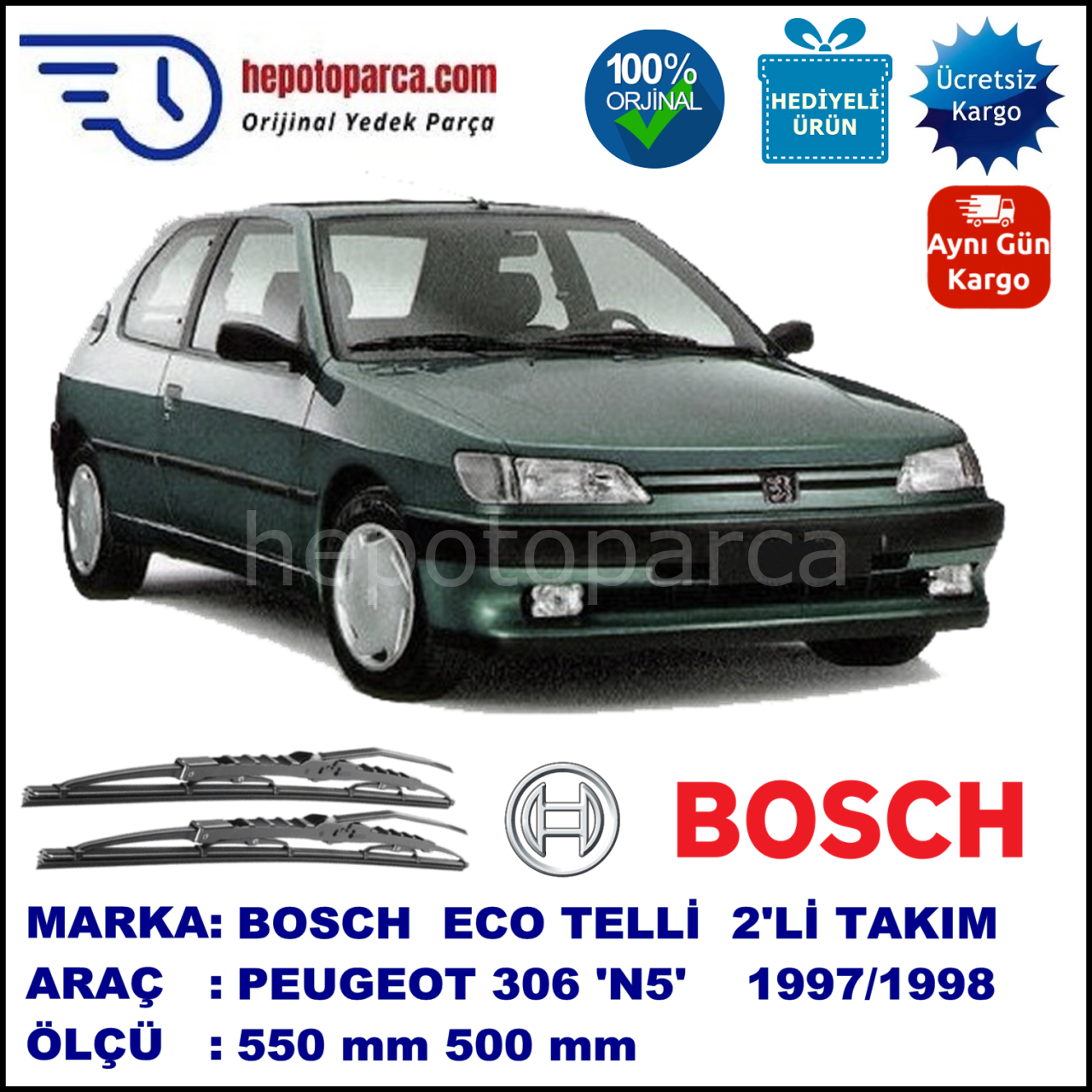 PEUGEOT 306 [N5] 05.97-12.98 550 / 500 mm. BOSCH ECO Telli Silecek 2'li Takım
