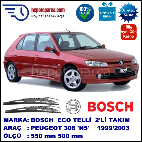 PEUGEOT 306 [N5] 01.99-10.03 550 / 500 mm. BOSCH ECO Telli Silecek 2'li Takım