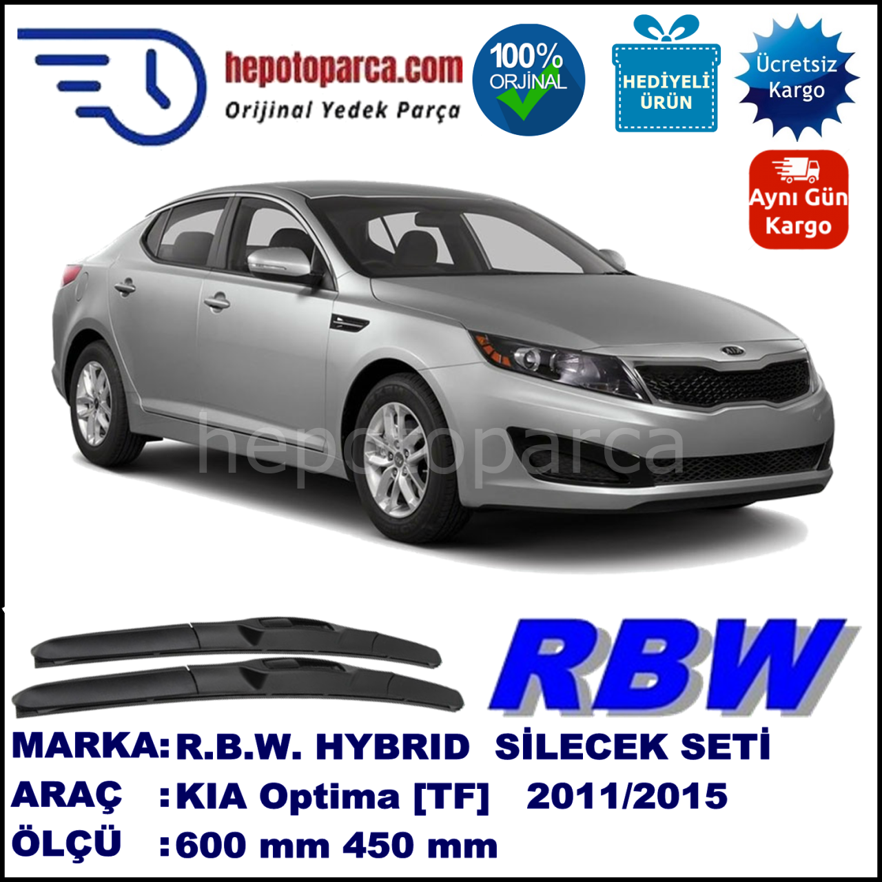 KIA Optima [TF] 09.11-... 600 / 450 mm. RBW Hybrid Silecek Seti. U Kanca Uyumlu Hibrit