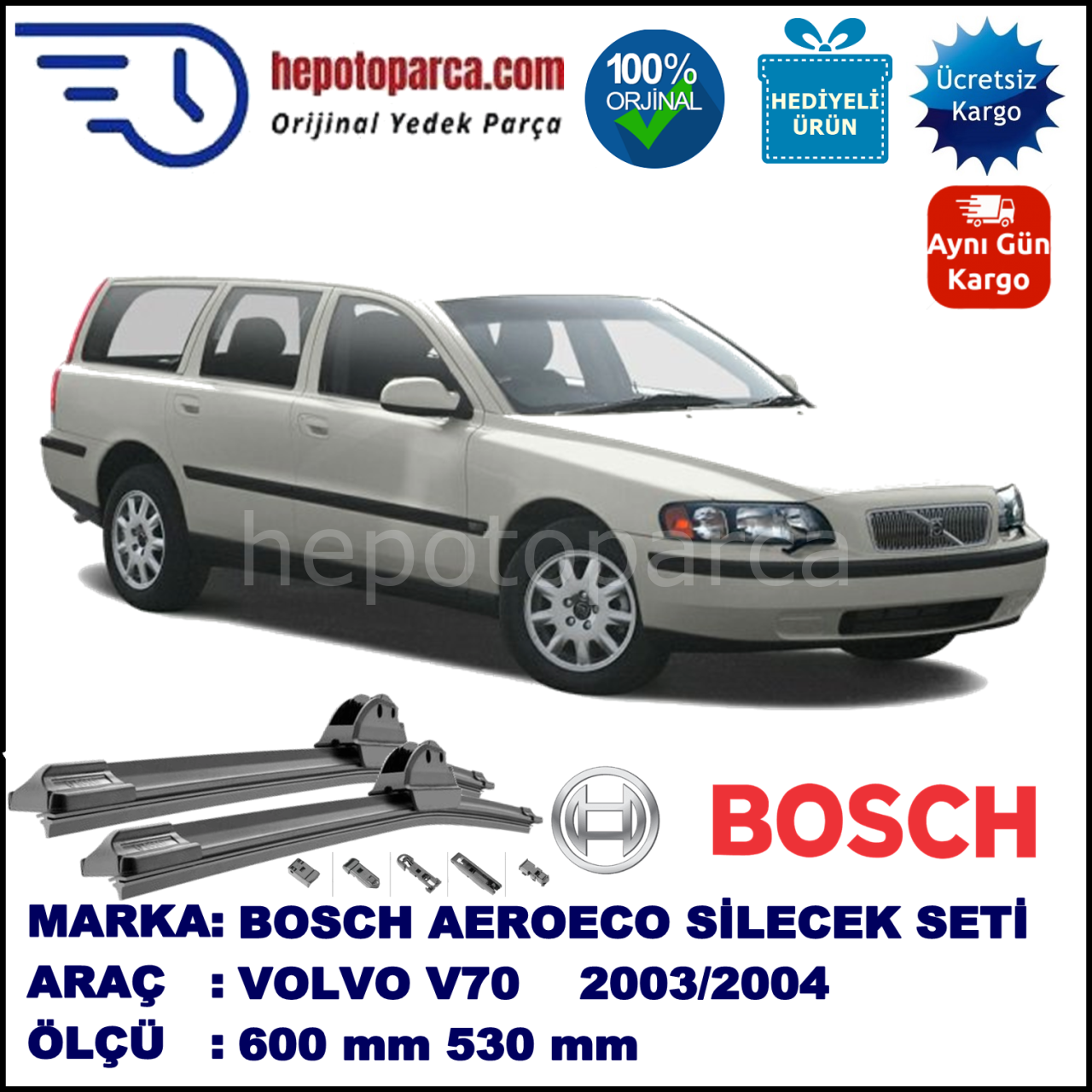 VOLVO V70 II  08.2003-07.2004, 600 / 530 mm. BOSCH AEROECO Aparatlı Muz Silecek