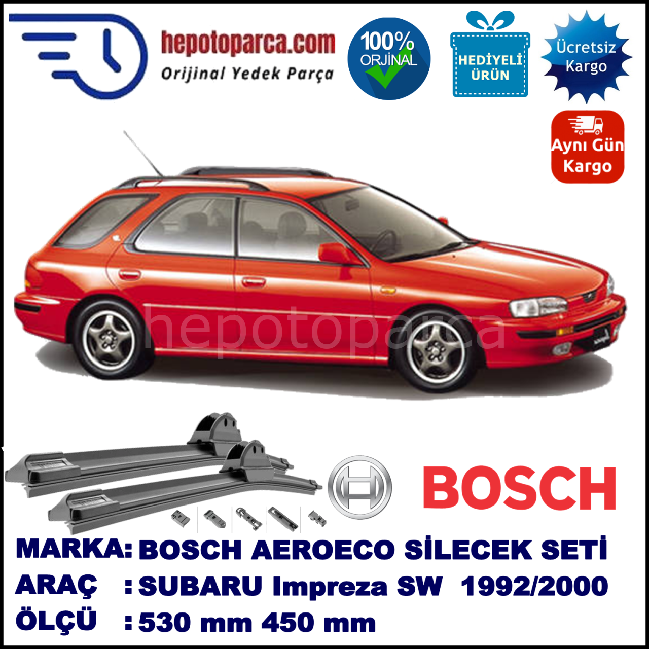 SUBARU Impreza Sports Wagon  11.1992-07.2000, 530 / 450 mm. BOSCH AEROECO Aparatlı Muz Silecek