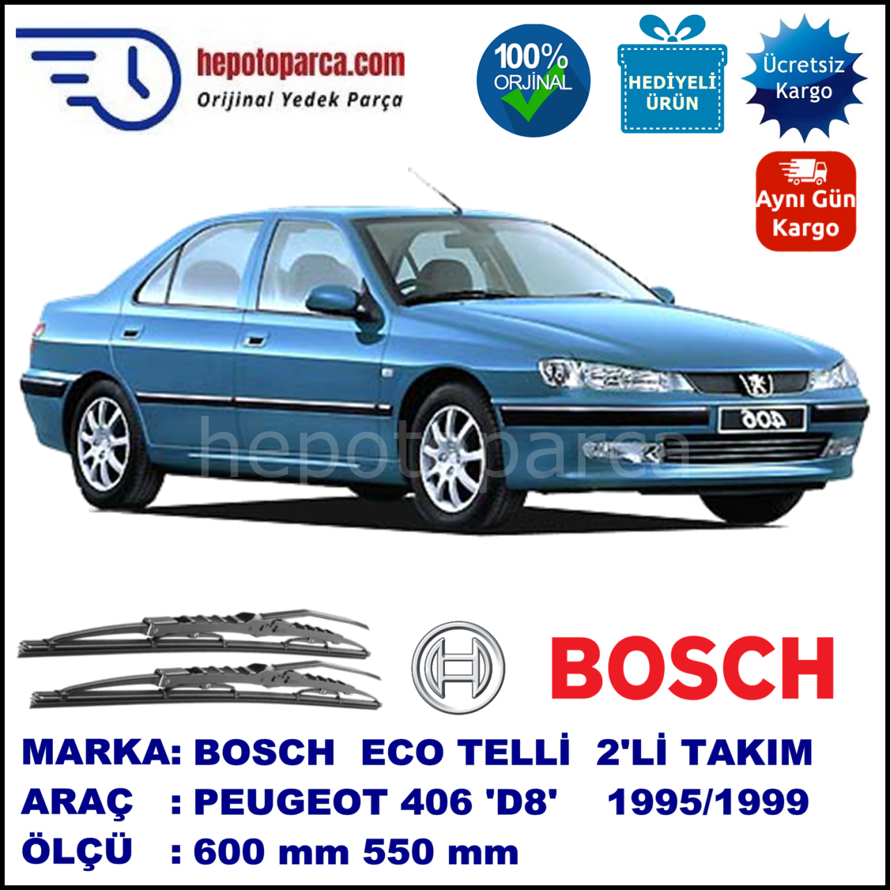 PEUGEOT 406 [D8] 10.95-03.99 600 / 550 mm. BOSCH ECO Telli Silecek 2'li Takım