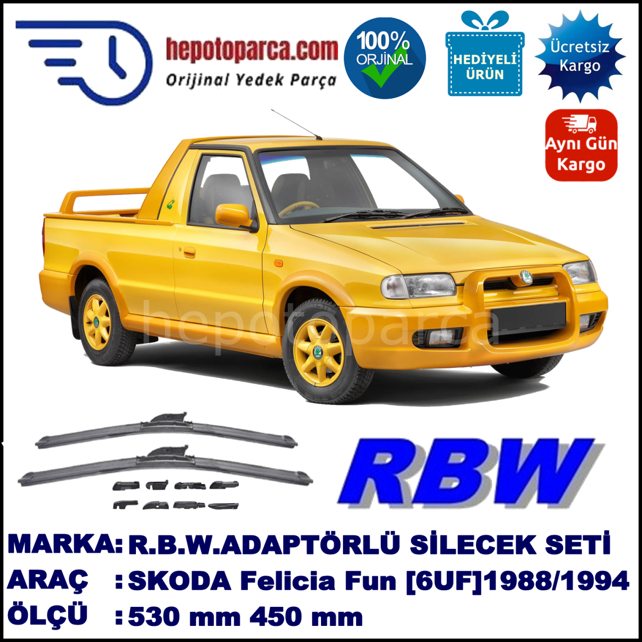 SKODA Felicia Fun [6UF] 08.1996-03.2001, 530 / 450 mm.  RBW  ADAPTÖRLÜ MUZ SİLECEK SETİ