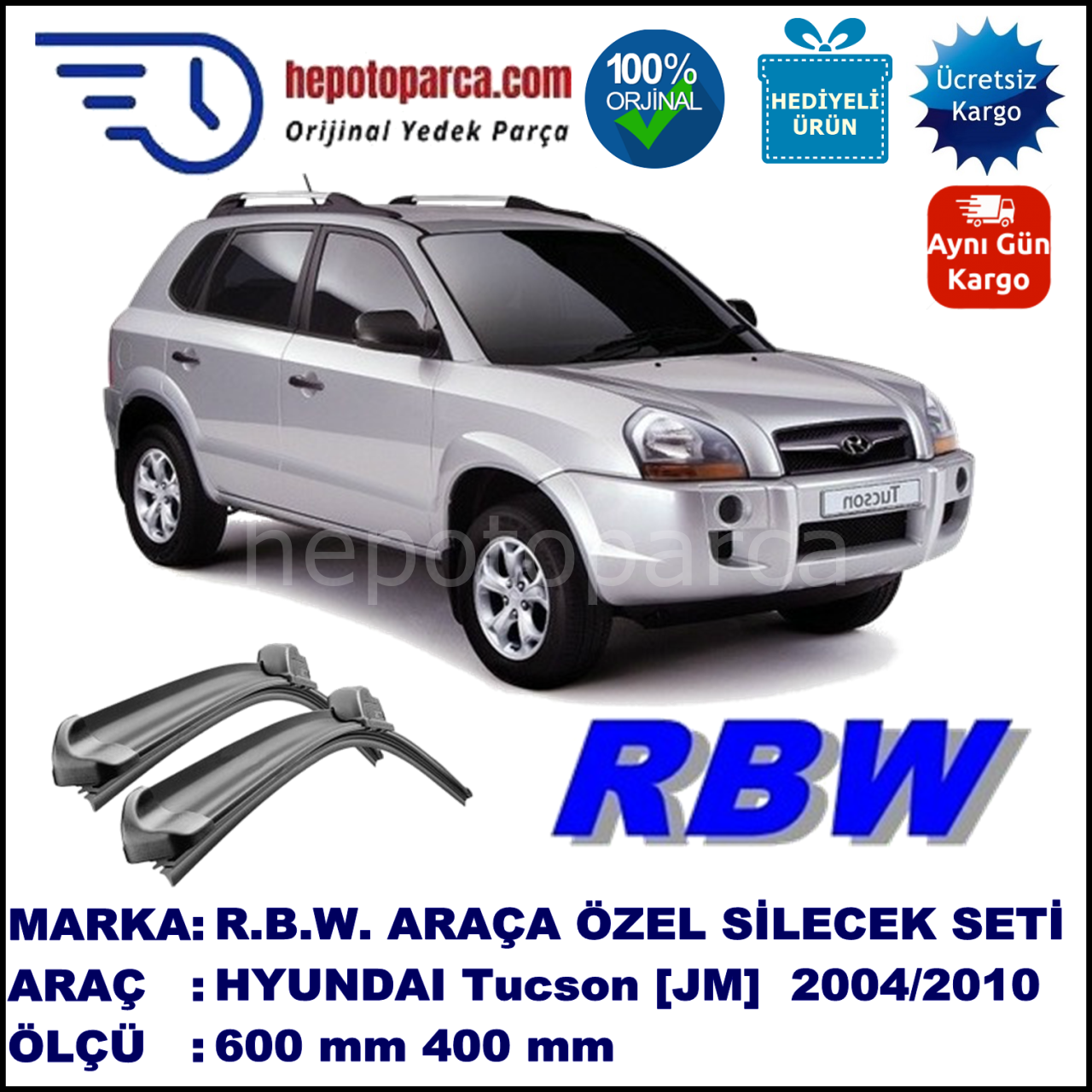 HYUNDAI Tucson [JM] 08.04-03.10 600 / 400 mm. RBW Muz Silecek Seti  2'li Takım. U Kanca Uyumludur.