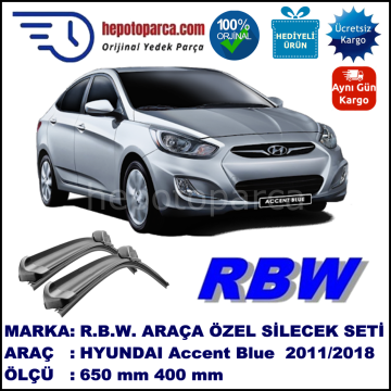 HYUNDAI Accent Blue [RB] 01.11-... 650 / 400 mm. RBW Muz Silecek Seti  2'li Takım. U Kanca Uyumludur.