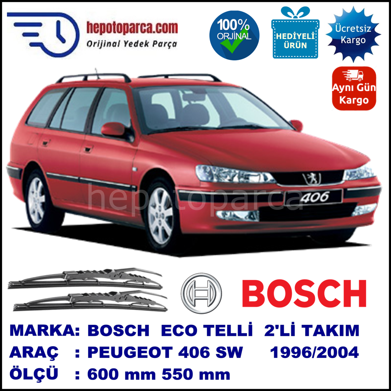 PEUGEOT 406 Break [D8; D9] 10.96-06.04 600 / 550 mm. BOSCH ECO Telli Silecek 2'li Takım