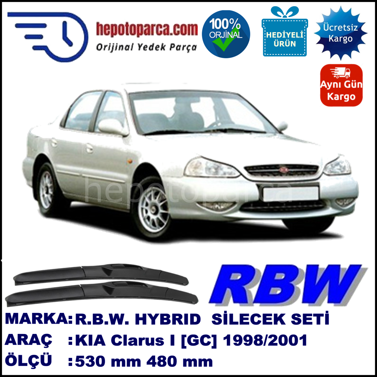 KIA Clarus I [GC] 05.96-05.98 530 / 480 mm. RBW Hybrid Silecek Seti. U Kanca Uyumlu Hibrit