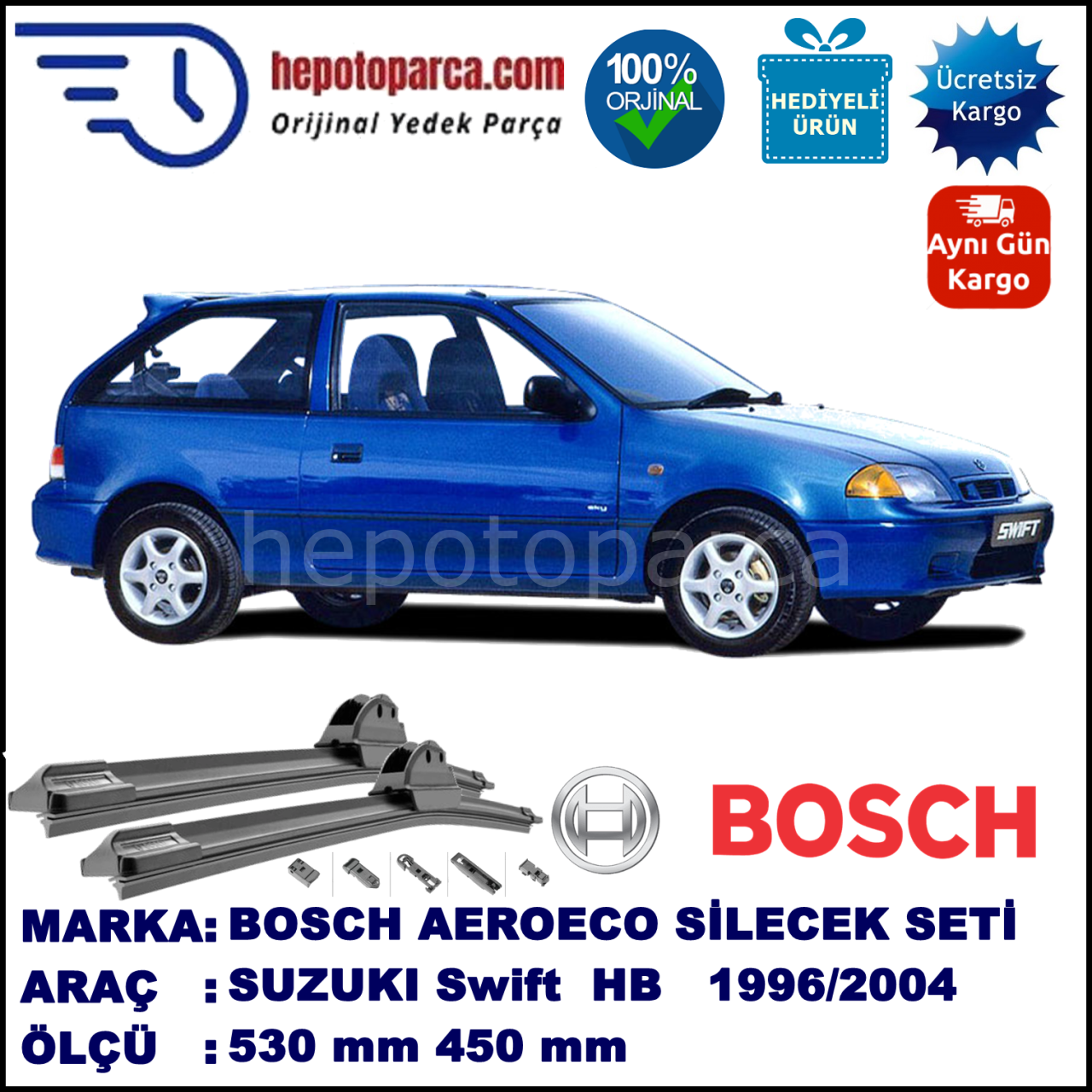 SUZUKI Swift Hatchback [MA] 03.1996-12.2004, 530 / 450 mm. BOSCH AEROECO Aparatlı Muz Silecek