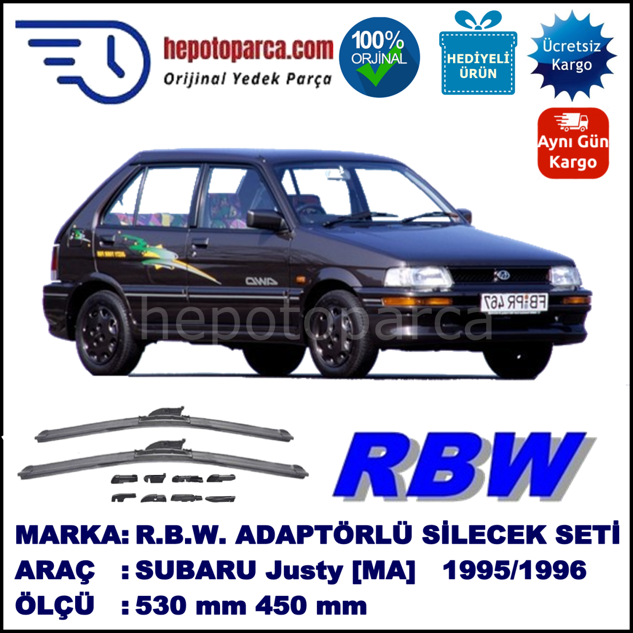 SUBARU Justy [MA] 10.1995-09.1996, 530 / 450 mm.  RBW  ADAPTÖRLÜ MUZ SİLECEK SETİ