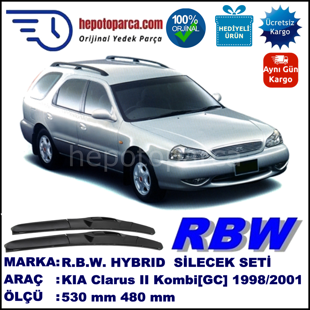 KIA Clarus II Kombi [GC] 06.98-11.01 530 / 480 mm. RBW Hybrid Silecek Seti. U Kanca Uyumlu Hibrit