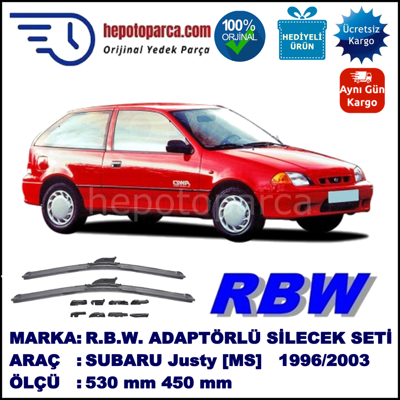 SUBARU Justy [MS] 10.1996-08.1903, 530 / 450 mm.  RBW  ADAPTÖRLÜ MUZ SİLECEK SETİ