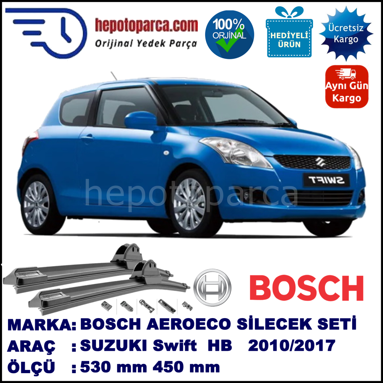 SUZUKI Swift Hatchback [AZH, AZG] 09.2010-..., 530 / 450 mm. BOSCH AEROECO Aparatlı Muz Silecek