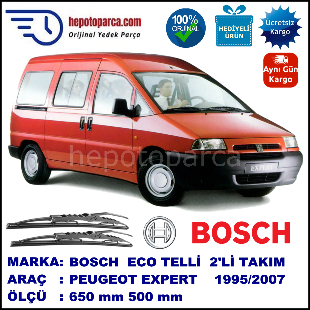 PEUGEOT Expert [U64] 09.95-01.07 650 / 500 mm. BOSCH ECO Telli Silecek 2'li Takım