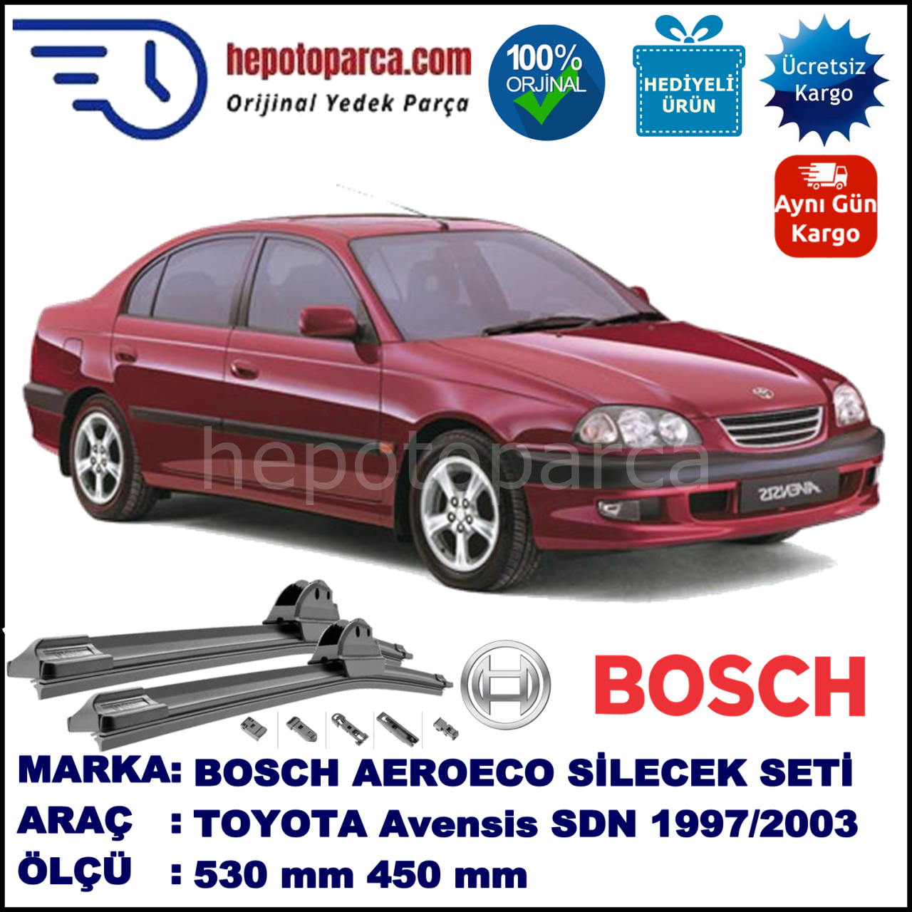 TOYOTA Avensis [T22] 10.1997-01.2003, 530 / 450 mm. BOSCH AEROECO Aparatlı Muz Silecek