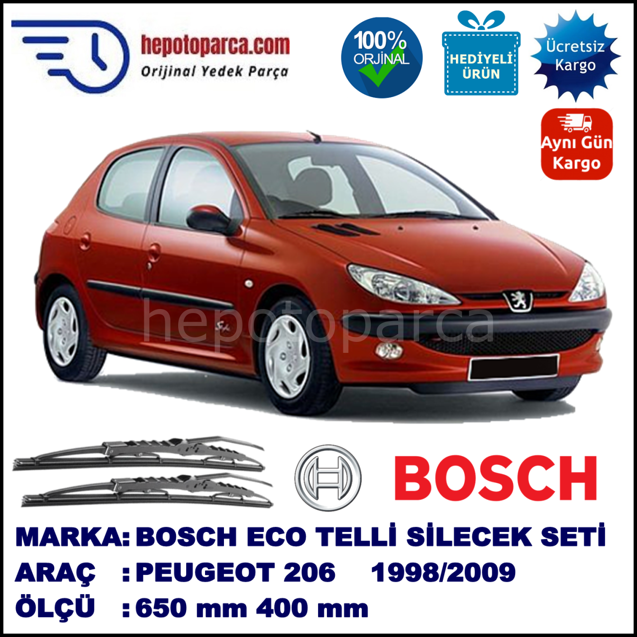 PEUGEOT 206 [T1] 06.98-02.09 650 / 400 mm. BOSCH ECO Telli Silecek 2'li Takım